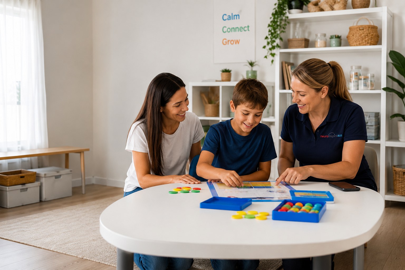 A NeuroInspire practitioner working with a mother and her son at a table