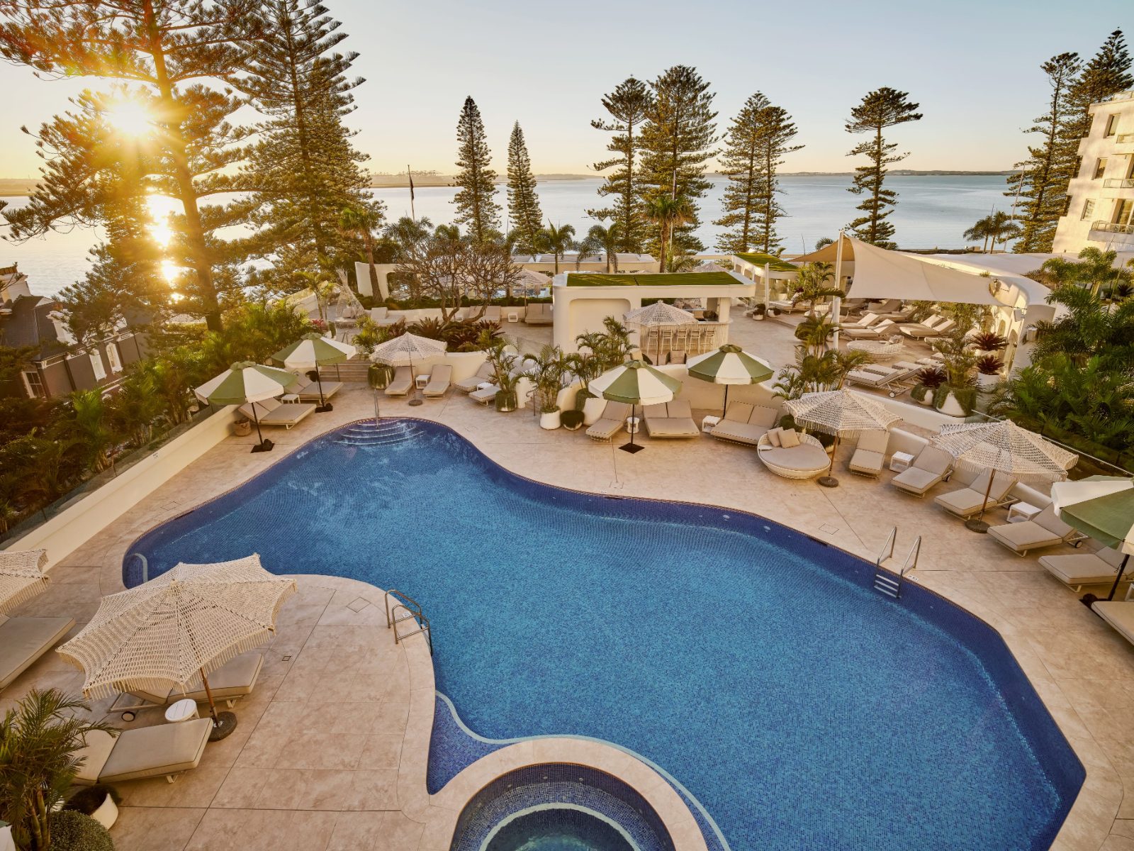 The pool deck at sunset